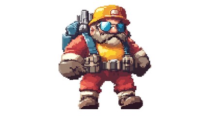 Pixel art character of a worker with a backpack, goggles, and a hardhat