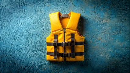 Bright yellow life vest floating on textured blue background, life vest, bright yellow, safety, water safety, rescue, buoyancy