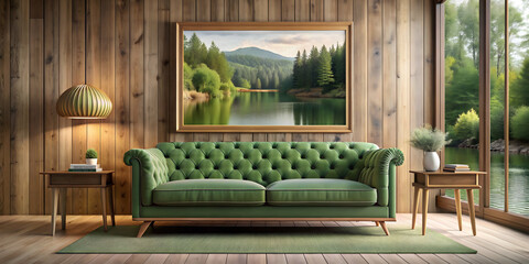 Retro green sofa in a cozy wooden living room with a lakeside picture , retro, green, sofa, wooden, living room