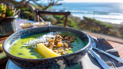 Pawpaw fruit smoothie bowl topped granola and coconut served on a sunlit terrace caf with ocean views softly blurred behind promoting health and vitality Scientific name Asimina triloba