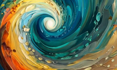 Poster - A painting of a wave with a yellow and blue swirl Video