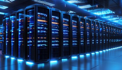 Futuristic Cloud Data Center Showcasing Rows of Servers Illuminated by Vibrant Blue LED Lights from a High Angle Perspective