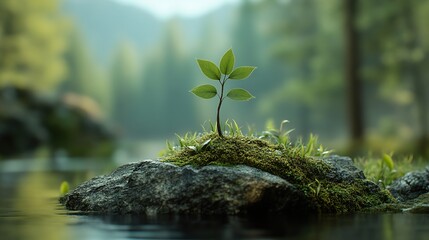 Sticker - A Tiny Sapling Growing on a Rock in a Forest Stream