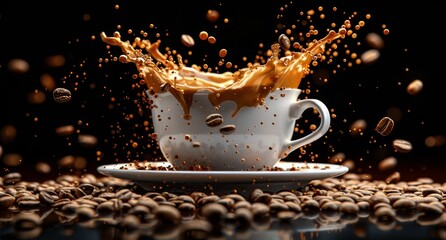 Cup of coffee with splashes on dark background, closeup