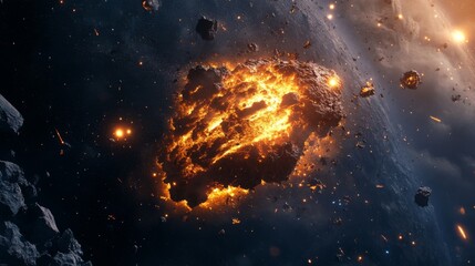 A dramatic, fiery meteor is shown crashing into a planet, setting off explosions and scattering debris in a dark and vast outer space environment.