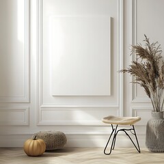 Poster - Minimalist interior design mock up with white walls, pampas grass, pumpkin and stool