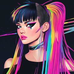 Wall Mural - Colorful  Anime Girl with Rainbow Hair