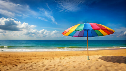 Colorful beach umbrella on a sandy summer beach, rendering, summer, beach, umbrella, colorful, sand, sunny, vacation