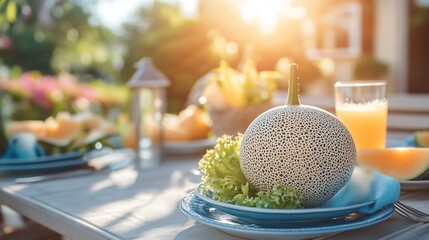 Pepino melon displayed stylish outdoor brunch setup colorful plate fresh salad healthy juice bar softly blurred background promoting healthconscious lifestyle gathering Scientific name Solanum