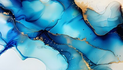 Wall Mural - Fluid Blue Liquid Abstract Texture with Grunge Paint and Ink Watercolor Waves