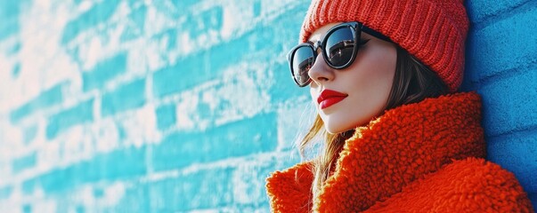 Wall Mural - Stylish woman in a red beanie and coat striking a pose against a blue wall