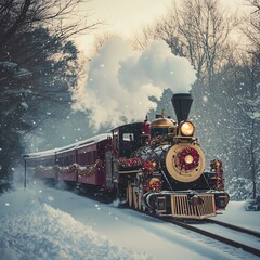 A beautiful vintage train decorated for the holidays traveling through a snowy landscape with passengers enjoying the view--space for text--ar 16:9--v 6.1--q 2--relax