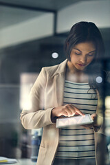 Poster - woman, tablet and night for reporting in office, global communication and project management. female