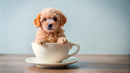 Cute poodle puppy sitting inside a small cup, dog, cup, poodle, puppy, cute, small, fluffy, white background, isolated, pet