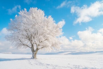 Big lonely frozen tree standing in a snowy field under a blue sky