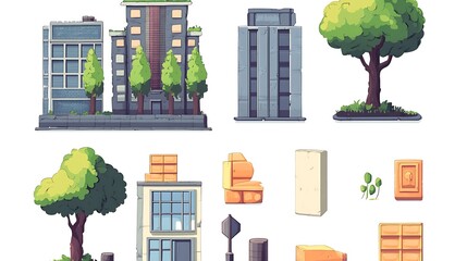 Poster - Cartoon City Building and Tree Illustration Set