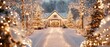 © Diffin - Snowy cottage surrounded by twinkling Christmas lights and snow-covered trees in magical winter setting. Vibrant Christmas tree decorated glowing lights ornaments, snowfall and bokeh in background