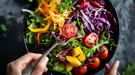 Poster - a person holding a bowl of colorful salad. The salad includes green leaves, red tomatoes, purple cabbage, yellow mango slices, and other mixed ingredients