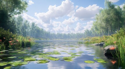 Wall Mural - Serene Lake in a Lush Forest - Nature Photography