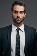 Poster - Corporate, consultant and portrait of business man in studio for advisor, asset management and investor. Private equity associate, venture capitalist and professional with person on gray background