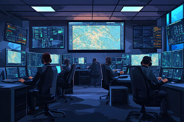 Poster - A high-tech control room with multiple screens displaying data and maps, focused on monitoring.