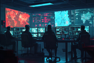 Poster - A high-tech control room with monitors displaying global data and maps.