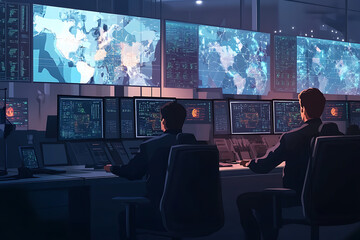 Poster - A high-tech control room with monitors displaying data and maps.