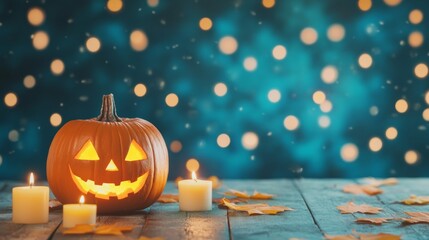 Wall Mural - Halloween pumpkin background. Glowing jack-o'-lantern on a wooden surface with autumn leaves and bokeh lights.