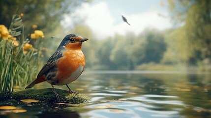 Wall Mural - A Robin Perched on a Rock by a Tranquil Lake