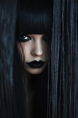 Wall Mural - Gothic lady with black lipstick and straight hair stands behind black string curtains