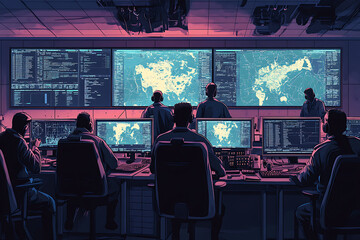 Poster - Control room with personnel monitoring data on large screens for strategic operations.