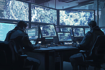 Poster - Two operators monitor multiple screens displaying data and maps in a high-tech control room.