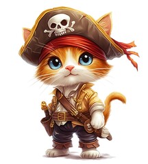 Wall Mural - Cute cartoon pirate cat with a skull and crossbones hat, sword, and bandana. Illustration of a cat dressed up as a pirate