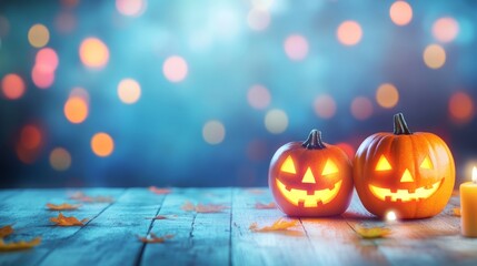 A bright orange pumpkin with a carved creepy face, lit from within by a candle, against the backdrop