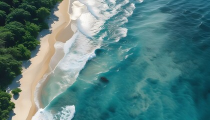 Breathtaking aerial view of tranquil beach with shimmering sunlight reflecting on waves gently crashing onto the sandy shore, embodying serenity and coastal beauty.