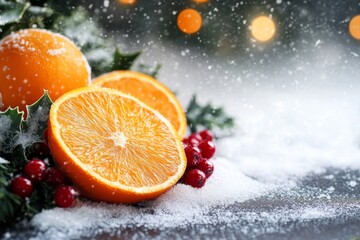 Christmas oranges and berries lying on snow with falling snowflakes and bokeh lights