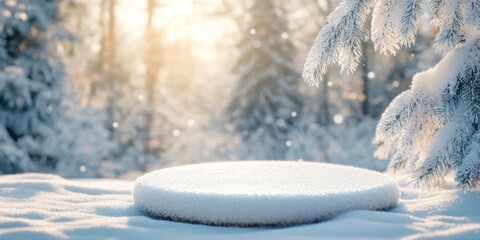 Snowy winter podium in a snow-covered landscape with frosty trees and a clear blue sky in the background.