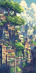 Wall Mural - Pixel Art Cityscape with Green Tree and Buildings