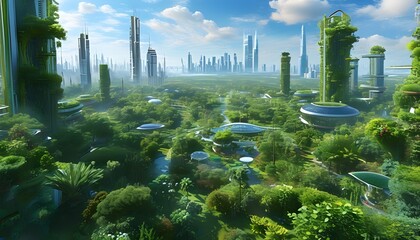 futuristic eco-cityscape illustration showcasing modern architecture, lush greenery, urban parks, and innovative ecological design under a misty blue sky