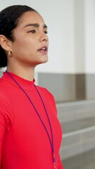 Canvas Print - Lifeguard, swimming instructor and whistle with woman at pool for coaching, attention and safety. Teacher, mentor and wellness with person at aquatic center for championship, training and lesson