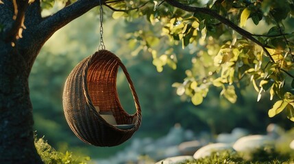 Woven rattan egg chair suspended from a tree branch