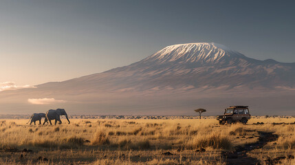 a beautiful savannah landscape with mount kilimanjaro in the background. in the foreground, a group 