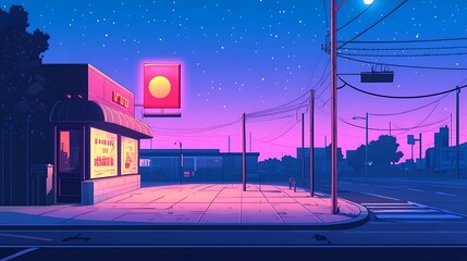 Canvas Print - Retro Synthwave Night City Street with Neon Lights and Starry Sky