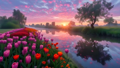 Enchanting sunrise over a blooming garden with tulips, pink and purple flowers, and vibrant red and orange blossoms beside a serene river and lake