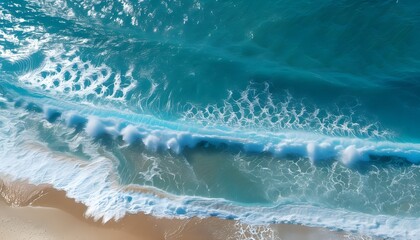 Wall Mural - Aerial view of stunning beach, vibrant blue waves crashing on golden sand, showcasing the beauty of tropical nature on a sunny summer day