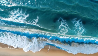 Wall Mural - Aerial view of stunning beach, vibrant blue waves crashing on golden sand, showcasing the beauty of tropical nature on a sunny summer day