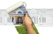 © Andy Dean - Before and After of Man Painting Roller to Reveal Custom Home Photograph Under Pencil Sketch Drawing Plans.
