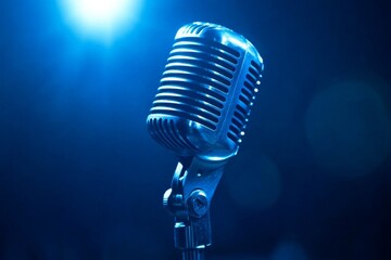 Vintage microphone standing in blue light on stage