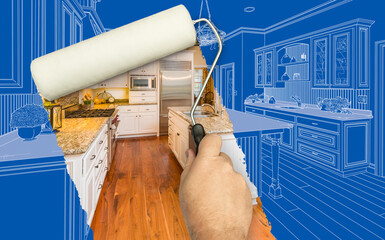 Before and After of Man Painting Roller to Reveal Custom Kitchen Photograph Under Blueprint Sketch Drawing Plans.