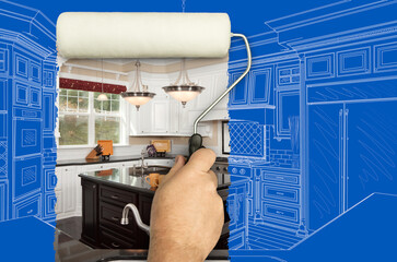 Before and After of Man Painting Roller to Reveal Custom Kitchen Photograph Under Blueprint Sketch Drawing Plans.